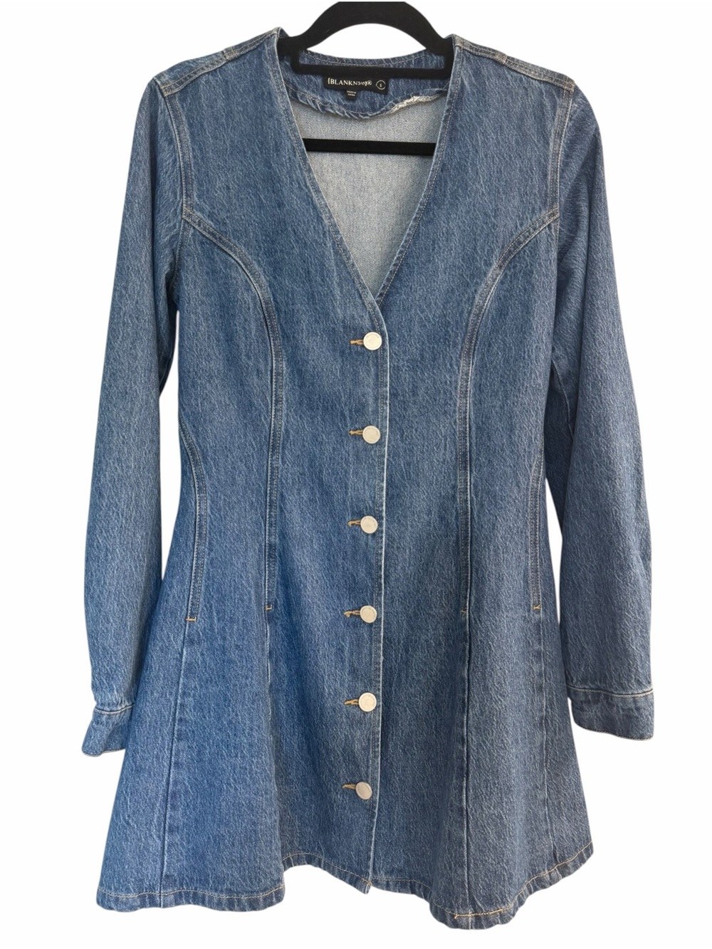 ✅ NWOT Blank NYC Denim V-Neck Button Front Long Sleeve Mini Dress size S